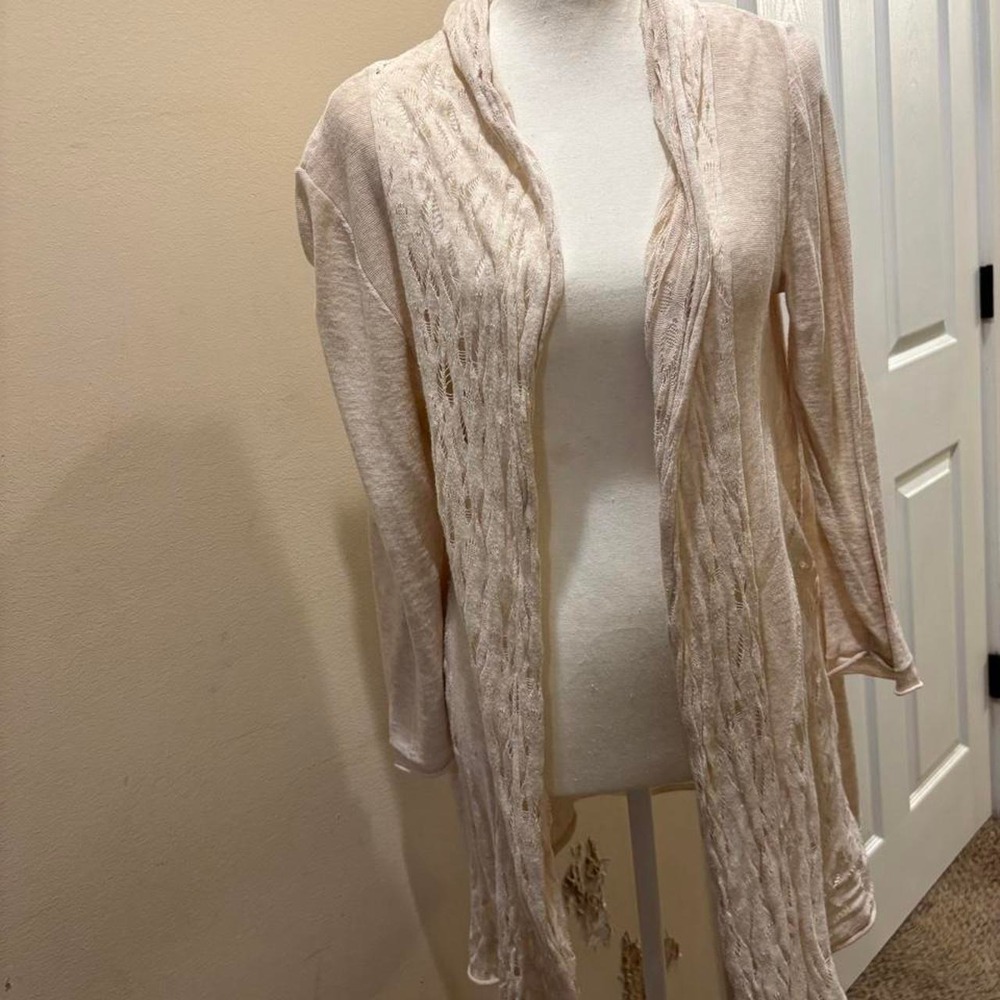 Maurices Cream Lace Trim Open Front Cardigan Beige Cotton Boho Sweater Large
